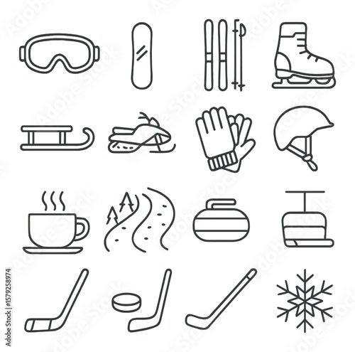 Winter sports icon collection, skiing and snowboarding symbols. cold weather activity set