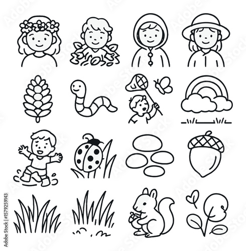 Nature play collection, simple fun icons. outdoor adventure and exploration set