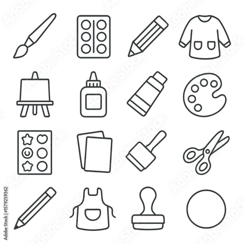 Kids' creative art tools collection, children's crafting and drawing icons set