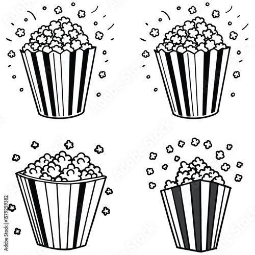 Four hand drawn popcorn buckets with scattered popcorn kernels