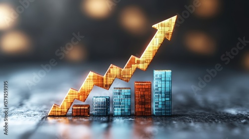 Business growth concept with increasing bar chart and upward arrow representing success and progress