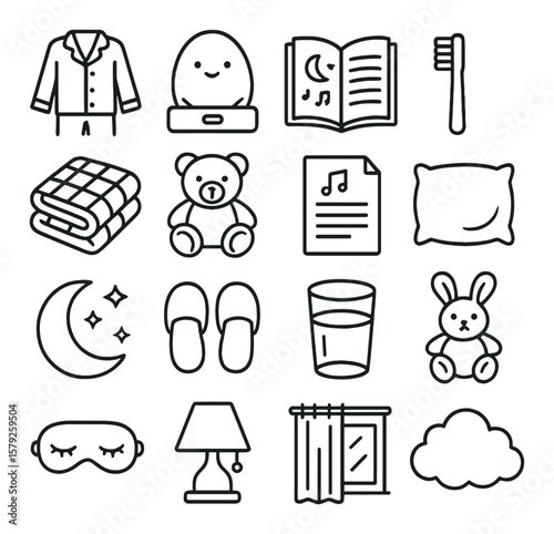 Bedtime essentials collection, sleep and nighttime icons. relaxation and rest symbols set