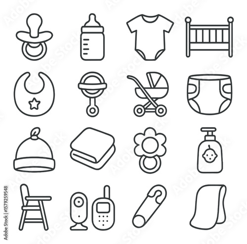Baby essentials collection, infant care items. newborn nursery and parenting icons set