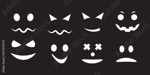 Jack-o-Lantern Faces Collection for Halloween Pumpkin Carving, Black Silhouette Pumpkin Faces. Jack-o-Lantern Design, Halloween Face Icon Set. Jack-o-Lantern Illustrations for Halloween Decor