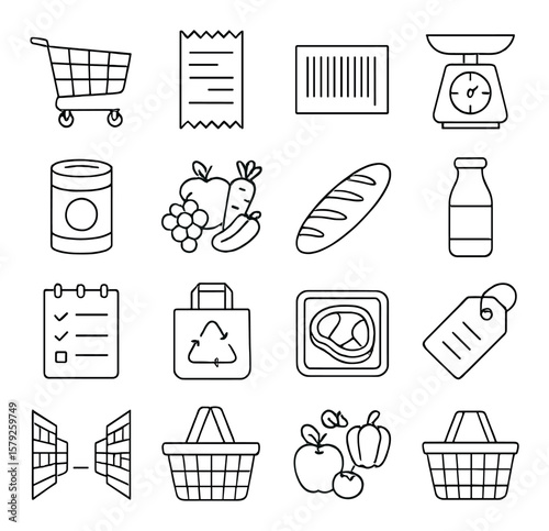 Grocery shopping collection, essential market icons. food and supermarket symbols set