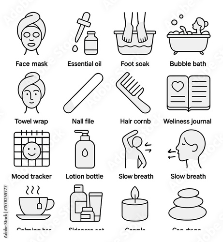 Self care collection, wellness and spa symbols. relaxation and mindfulness icon set