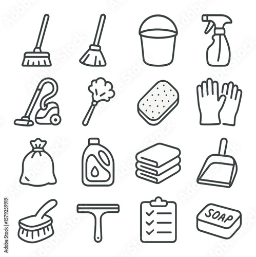 Cleaning tools collection, hygiene icons pack. sanitation and tidiness symbols set