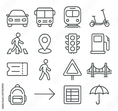Urban commute icon collection, transport symbols set. travel and mobility designs