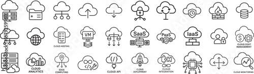 Cloud Computing Editable Stroke Icon Set | Featuring cloud storage, server, API, SaaS, deployment, analytics, firewall, sync, and more |  vector illustration | Collection of 30 outline pictogram