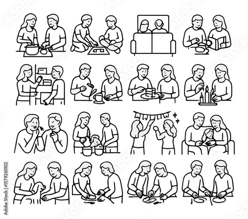 Cozy home activity collection, leisure and relaxation icons. family and domestic life set