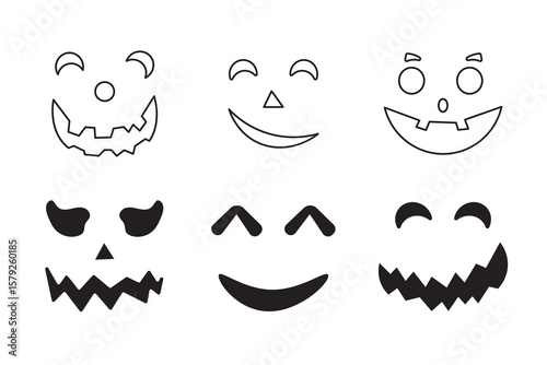 Scary Monster Faces Set. Jack O Lantern Face Halloween Pumpkin Icon Collection. Simple Creepy Horror Illustrations.