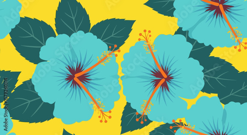 Vibrant Tropical Hibiscus Pattern on a Sunny Yellow Background.