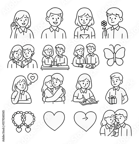 Love and romance collection, affectionate and sweet icons set for relationships