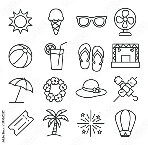 Summer festival collection, seasonal celebration icons. outdoor party symbols set