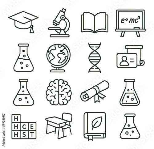 Scientific education collection: learning, knowledge symbols. academic and science icons set