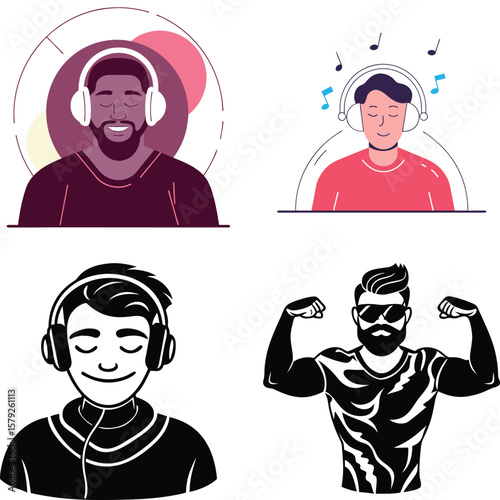 Diverse men enjoying music with headphones and expressive styles