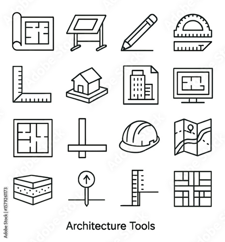 Architectural tools collection, construction and design symbols. building essentials set