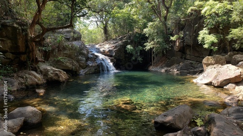 A hidden jungle waterfall with crystal-clear water feeding into a quiet pool, perfect for a serene natural retreat