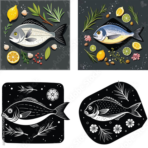 Artistic depictions of fish with culinary ingredients and stylized silhouettes