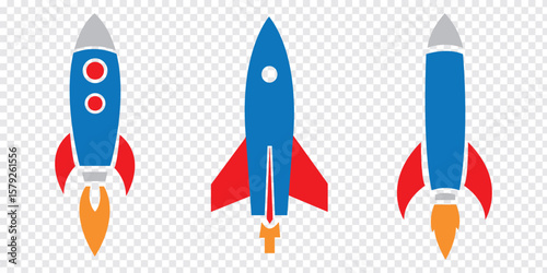 Rocket set icon. Colorful Rocket launched icon vector Illustration Icon High Quality. Blue, Red and Orange colors Rocket icon. Eps 10