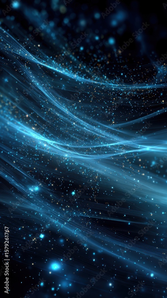 Naklejka premium Vibrant photo of vibrant abstract background features flowing blue lines and glowing particles, creating a futuristic and dynamic design with a sense of energy and connectivity.