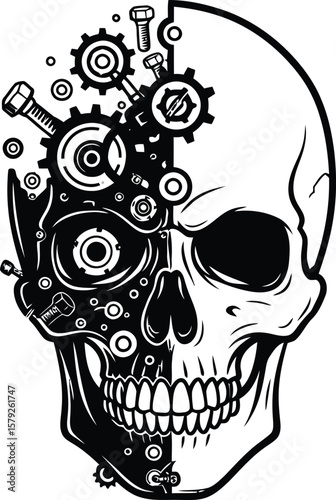 Mechanical Skull: A detailed illustration of a human skull, artfully dissected to reveal a complex arrangement of mechanical gears, bolts, and components.