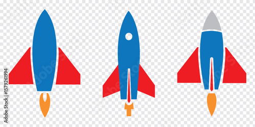 Rocket icons set. Colorful Rocket launched concept. Space rocket launch with fire. High quality Blue, Red and Orange colors Rocket icon. Vector Illustration. 