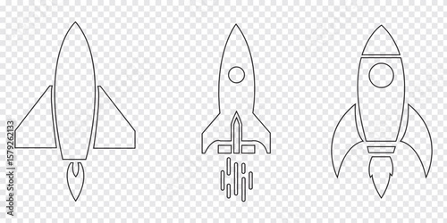 Rocket icons set. Space ship launch icon collection. Space rocket launch with fire. Black and White Rocket icon Vector illustration.