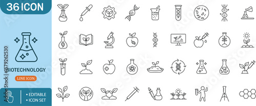 Biotechnology and DNA, Lab, Genetic, Science, Research, Plant, Experiment  Icon Setbiotech, dna, gene, lab, test, science, biology, research, flask, molecule, chemistry, experiment, syringe, medical,
