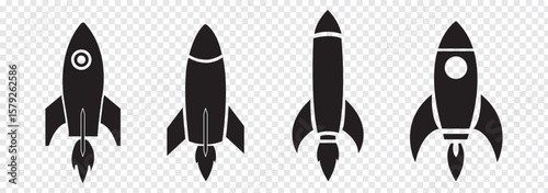 Rocket ship icon set. Black and White Rocket icon. Space ship launch icon collection. Rocketship launch concept, isolated on white background vector illustration. EPS 10