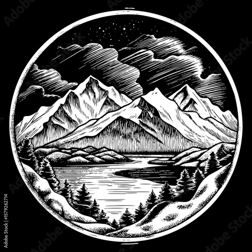 Circular emblem of Alaska mountains, black and white vector design