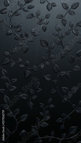 A dark background with raised leaf and vine pattern creating a textured and elegant appearance overall