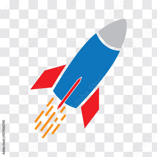 Rocket icons set. Colorful Rocket launched concept. Space rocket launch with fire. High quality Blue, Red and Orange colors Rocket icon. Vector Illustration. 