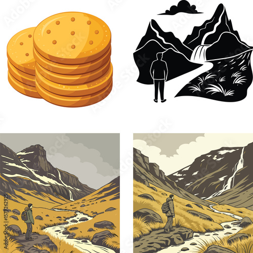 Hiker admires a scenic mountain landscape with a flowing river and waterfall