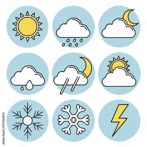 Collection of weather icons representing sun rain snow moon and lightning