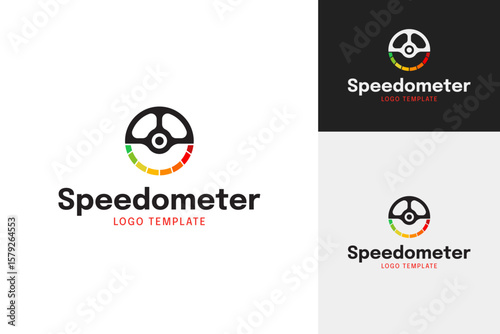 Creative steering wheel and speedometer logo design template vector illustration
