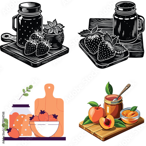 Freshly preserved fruits in jars and bowls for delicious homemade goodness