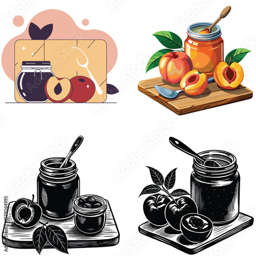Jars of fruit jam with fresh fruits and spoons on wooden boards