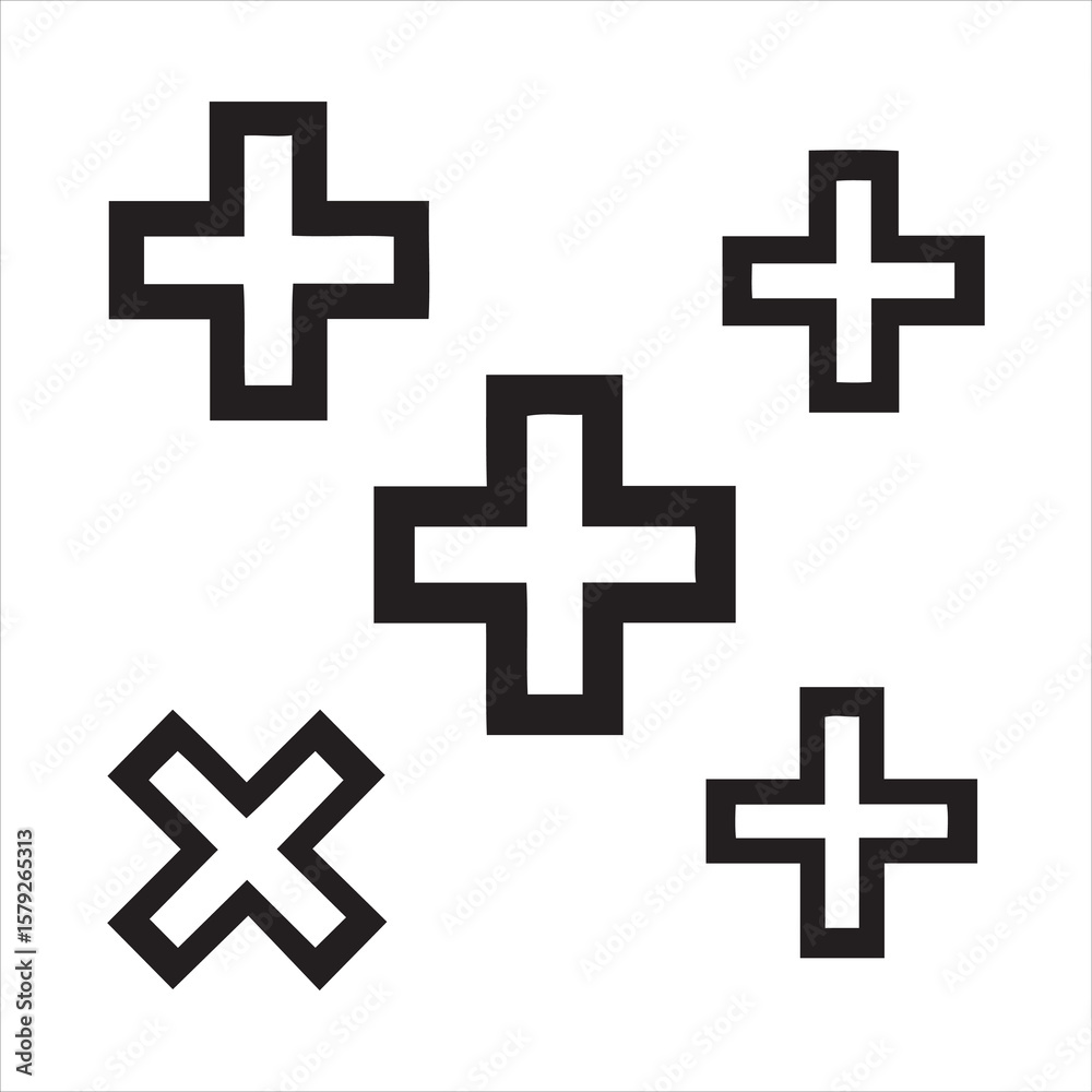 Obraz premium Geometric shapes scattered across a white background with plus and x symbols