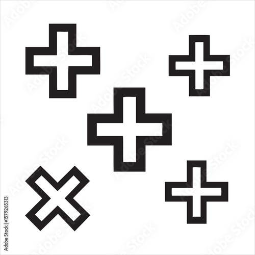 Geometric shapes scattered across a white background with plus and x symbols