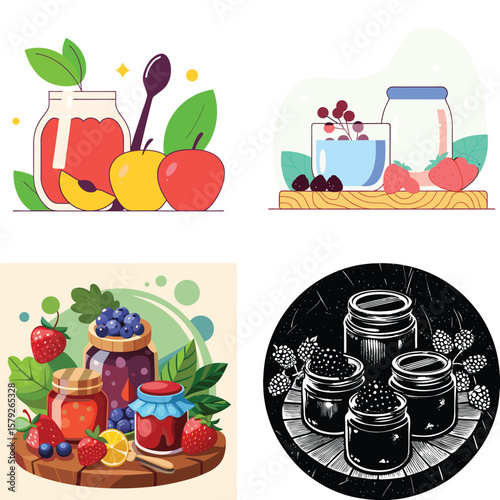 Colorful jars of fruit jam and fresh berries with apples and leaves