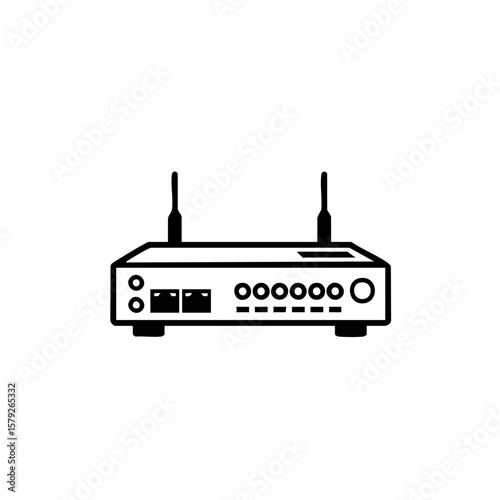 Black and white line drawing of a wireless internet router with two antennas, ports, and indicator lights.