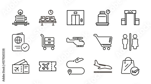 Airport linear icon set. Travel, ticket, aviation, baggage, airplane, terminal, passport, transport, seat, wifi, air station, bag, departure, and arrival areas vector icon set. UI thin line icon pack.