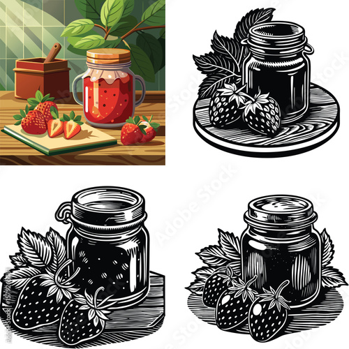 Delicious strawberry jam in a jar with fresh strawberries and leaves