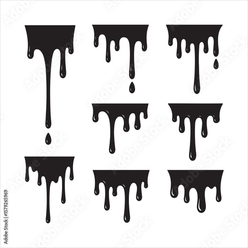 Collection of black dripping liquid shapes and droplets on white background
