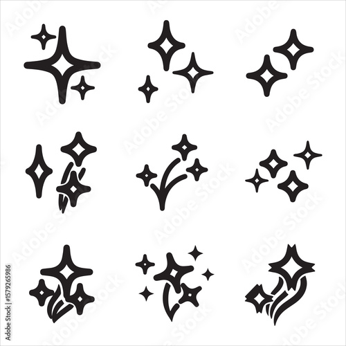Collection of nine sparkling starburst symbols in black outline style