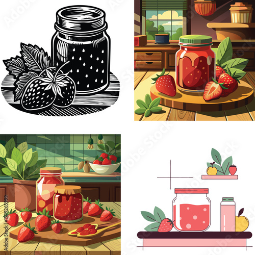 Homemade strawberry jam in jars with fresh strawberries and kitchen scenes