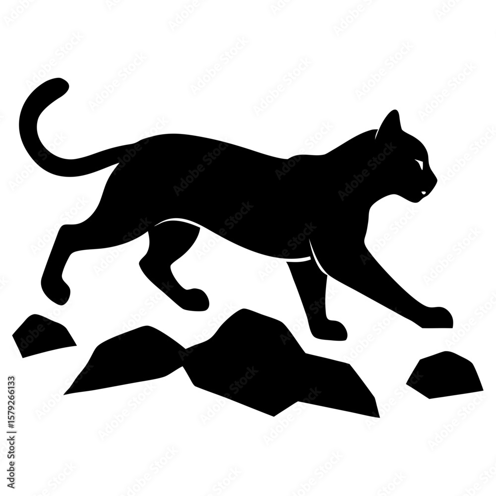Naklejka premium Walking black cat on rocks animal silhouette vector illustration
