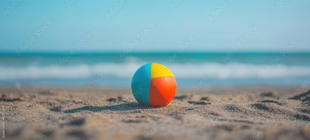 Obraz premium Sandy beach with sand and rolling calm wave of turquoise ocean on Sunny day on blue sky background. Summer concept, copy space. 