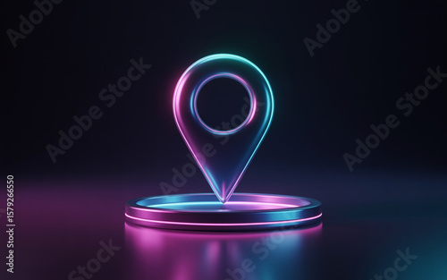 A futuristic neon location pin icon rendered with vibrant blue and purple glowing effects on a dark background for modern design concepts.